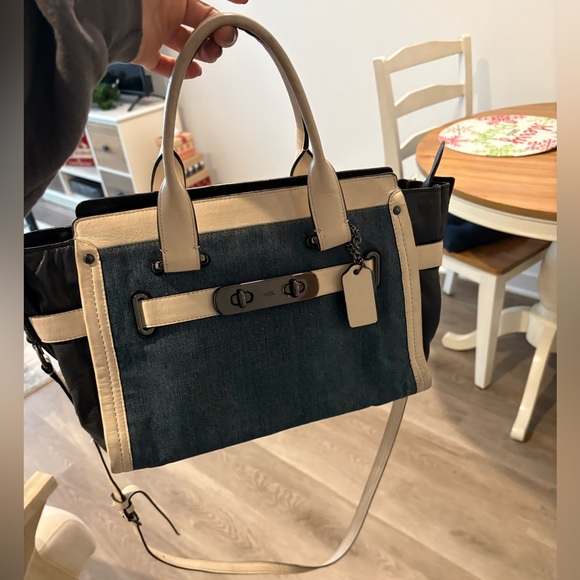 Coach Denim Swagger With Chalk White Leather Trim Satchel - Picture 6 of 13